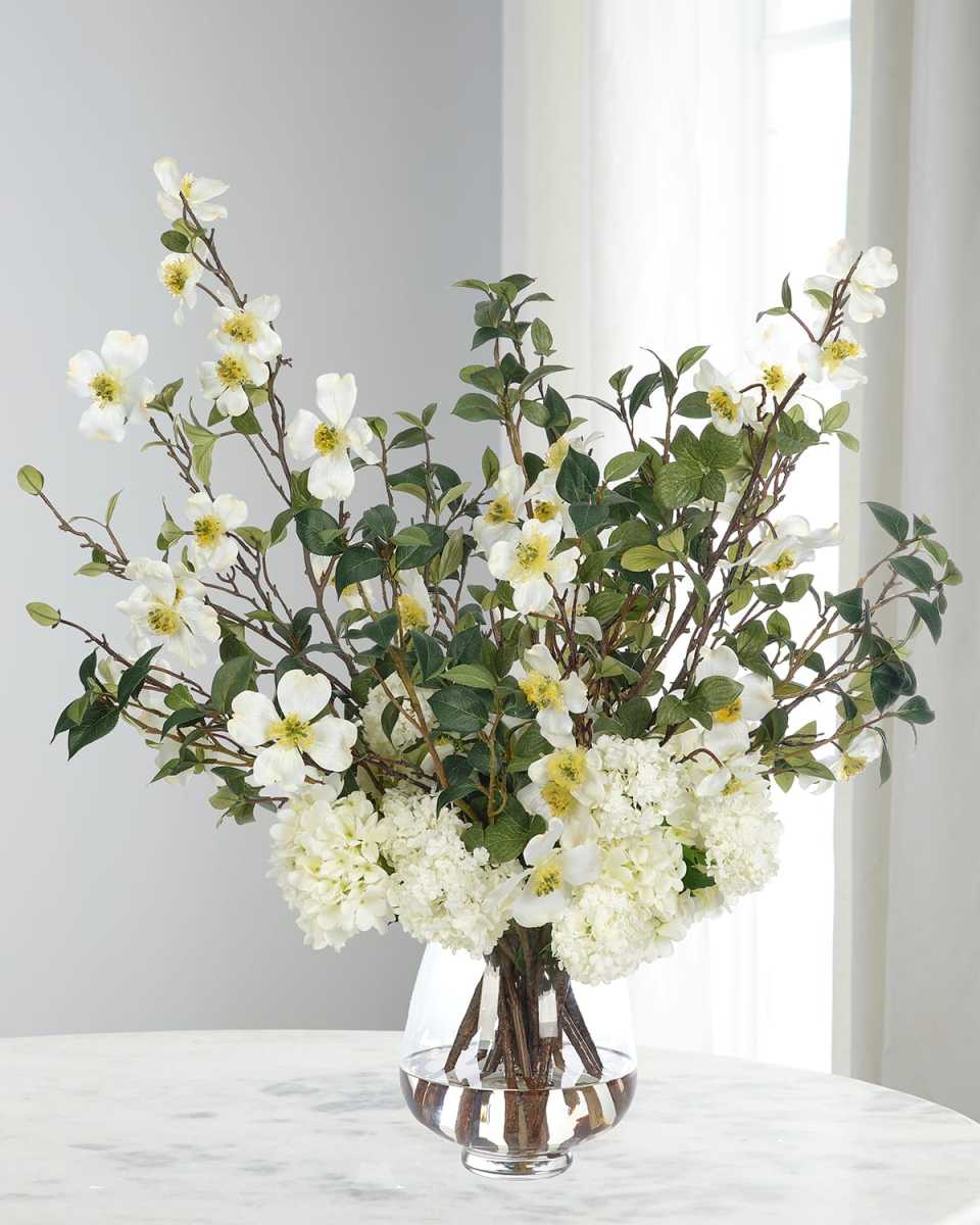 Dogwood & Hydrangeas 33" Faux Floral Arrangement in a Glass Vase